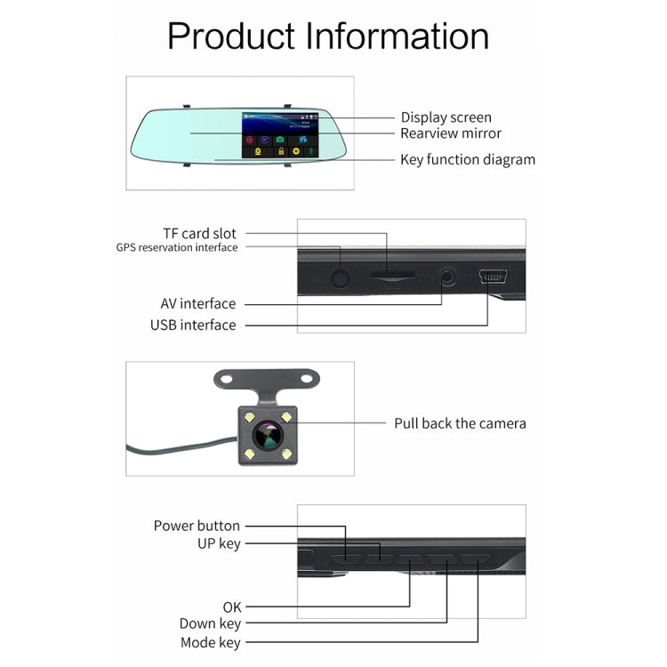 G705 Registratore per auto con specchietto retrovisore LCD touch screen da 5 pollici con fotocamera separata, visione grandangolare da 170 gradi, supporto video loop/rilevamento movimento/sensore G/scheda TF, G705
