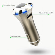 Auricolare Bluetooth A8 3 in 1, martello di sicurezza e caricabatteria per auto, supporto per chiamate in vivavoce e funzione di caricatore rapido USB, A8