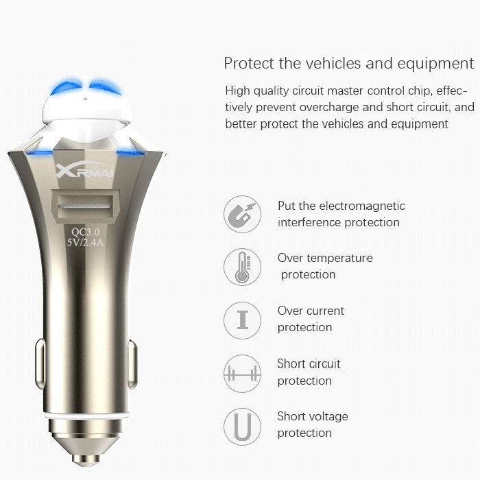 Auricolare Bluetooth A8 3 in 1, martello di sicurezza e caricabatteria per auto, supporto per chiamate in vivavoce e funzione di caricatore rapido USB, A8