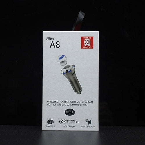 Auricolare Bluetooth A8 3 in 1, martello di sicurezza e caricabatteria per auto, supporto per chiamate in vivavoce e funzione di caricatore rapido USB, A8