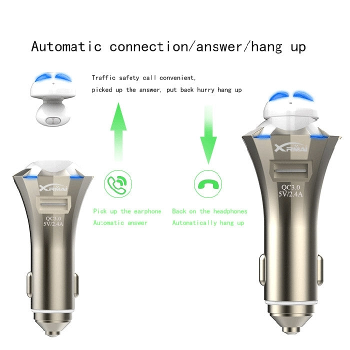 Auricolare Bluetooth A8 3 in 1, martello di sicurezza e caricabatteria per auto, supporto per chiamate in vivavoce e funzione di caricatore rapido USB, A8