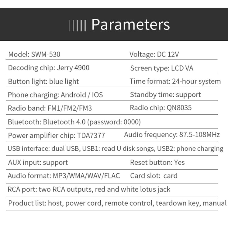 SWM-530 Caricabatterie universale per auto doppio USB 12V Ricevitore radio Lettore MP3, supporto FM e Bluetooth con telecomando, SWM-530