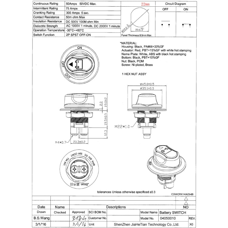 Jtron Interruttore On/Off per Batteria per Auto Interruttore Principale per Batteria per Auto MAX DC 50V 50A CONT 75A INT Uso per Auto/Fuoristrada/Camion, DC 50V 50A