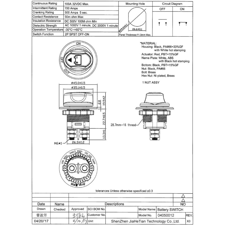 Jtron Interruttore on/off per batteria per auto Interruttore principale per batteria per auto MAX DC 32V 100A CONT 150A INT Uso per auto/fuoristrada/camion, DC 32V 100A