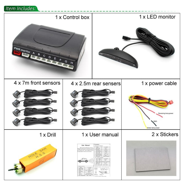 PZ-300-8 Sistema di assistenza per allarme di parcheggio per monitor LED con cicalino di retromarcia per parcheggio con sensori anteriori 4 * 7 m e sensori posteriori 4 * 2,5 m, with 4 Front Sensors and 4 Rear Sensors
