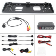 PZ600-L Europa Telaio targa auto Telecamera posteriore Sistema di parcheggio visivo per retrovisione con 2 rilevatori radar di retromarcia, with 2 Reversing Radar Detector