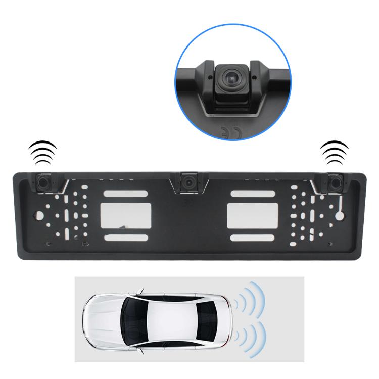 PZ600-L Europa Telaio targa auto Telecamera posteriore Sistema di parcheggio visivo per retrovisione con 2 rilevatori radar di retromarcia, with 2 Reversing Radar Detector