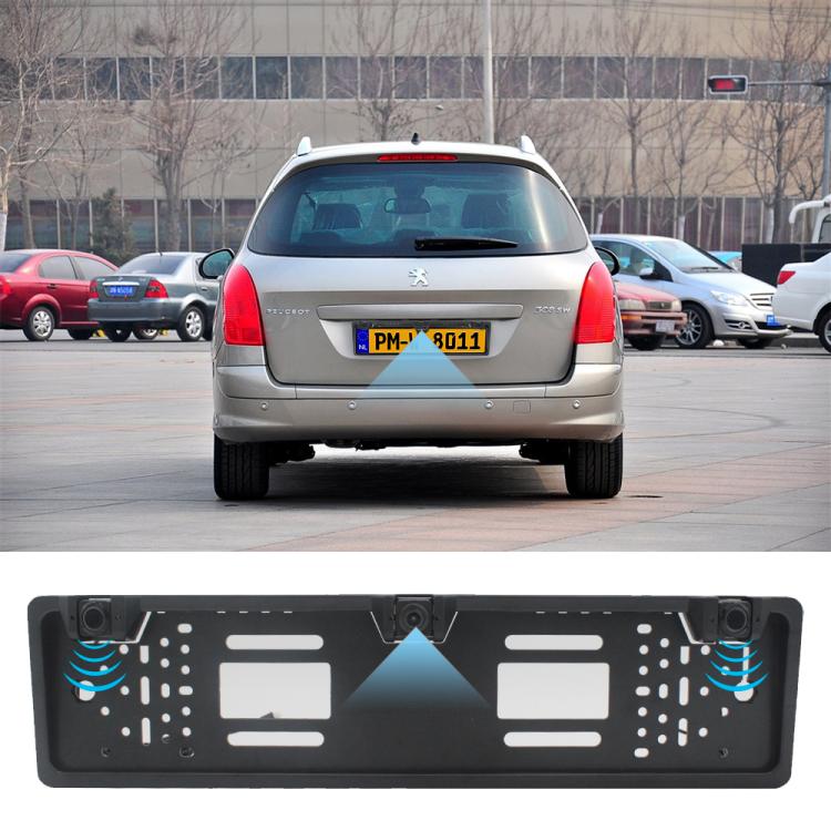 PZ600-L Europa Telaio targa auto Telecamera posteriore Sistema di parcheggio visivo per retrovisione con 2 rilevatori radar di retromarcia, with 2 Reversing Radar Detector