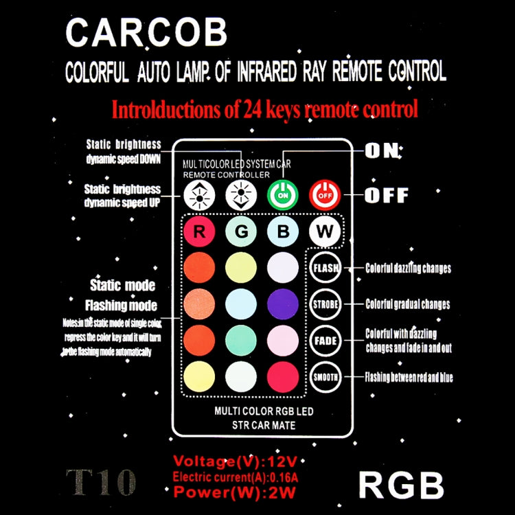 2 lampadine LED RGB SMD W5W 194 T10 multicolori COB 12 con telecomando Lampada targa con luci laterali a cuneo, DC 12V, 2 PCS W5W 194 T10
