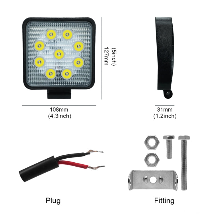 Lampadine a LED per faretti da lavoro nautici per barche per auto impermeabili a forma quadrata a luce bianca da 6,7 W, DC 9-30 V, 27W