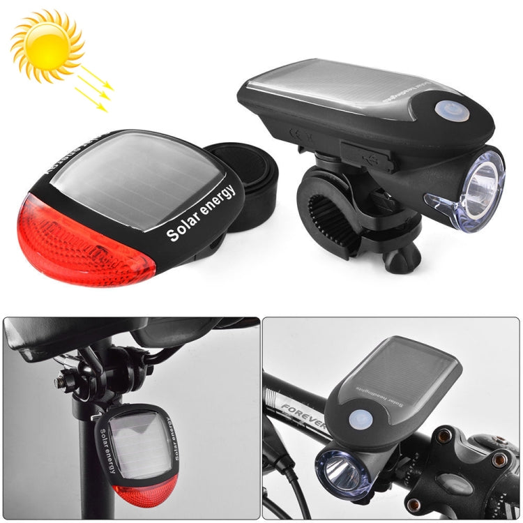 Set di luci per moto/bicicletta a energia solare USB da 2 pezzi 3W 240LM, luce anteriore + luce posteriore, Front Light+Back Light Black, Front Light+Back Light White