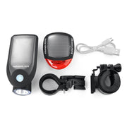 Set di luci per moto/bicicletta a energia solare USB da 2 pezzi 3W 240LM, luce anteriore + luce posteriore, Front Light+Back Light Black, Front Light+Back Light White