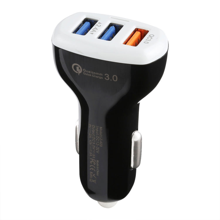 Caricabatteria da auto rapido intelligente LZ-429 QC3.0 2.4A con tre porte USB, LZ-429 Black, LZ-429 White