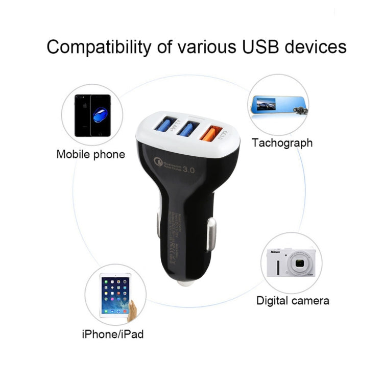 Caricabatteria da auto rapido intelligente LZ-429 QC3.0 2.4A con tre porte USB, LZ-429 Black, LZ-429 White