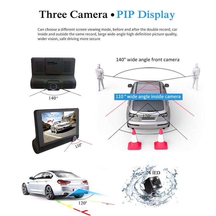 Schermo IPS da 4,0 pollici 5,0 Mega Pixel 170 gradi grandangolare Full HD 1080P 3 canali Video DVR per auto, supporto visione notturna luce di riempimento / retromarcia visiva / scheda TF (32 GB massimo) / sensore G / rilevamento movimento, 170 Degrees