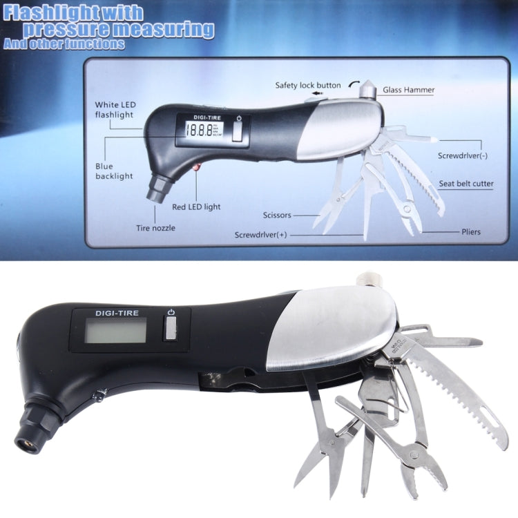 Martello di sicurezza multifunzione con manometro digitale 9 in 1 con coltellino svizzero stile, torcia elettrica e luce di sicurezza rossa, kit di attrezzi da esterno, 9 in 1