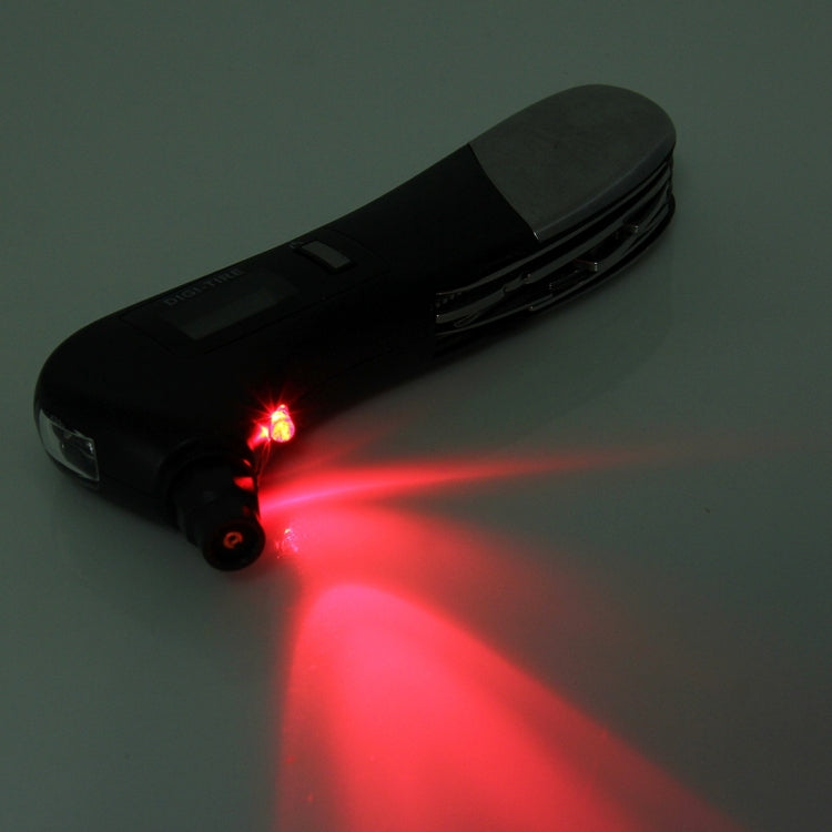 Martello di sicurezza multifunzione con manometro digitale 9 in 1 con coltellino svizzero stile, torcia elettrica e luce di sicurezza rossa, kit di attrezzi da esterno, 9 in 1