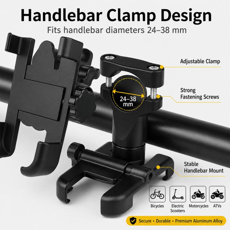 Staffa per telefono in lega di alluminio per manubrio moto, adatta per dispositivi da 60-100 mm, Handlebar Bracket for 60-100mm
