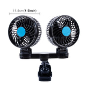 HUXIN HX-T605 7W Clip di rotazione regolabile a 360 gradi Mini ventilatore per auto elettrica a basso rumore a due teste con interruttore a marcia, DC12V, HX-T605