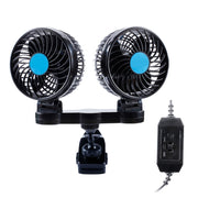 HUXIN HX-T605 7W Clip di rotazione regolabile a 360 gradi Mini ventilatore per auto elettrica a basso rumore a due teste con interruttore a marcia, DC12V, HX-T605