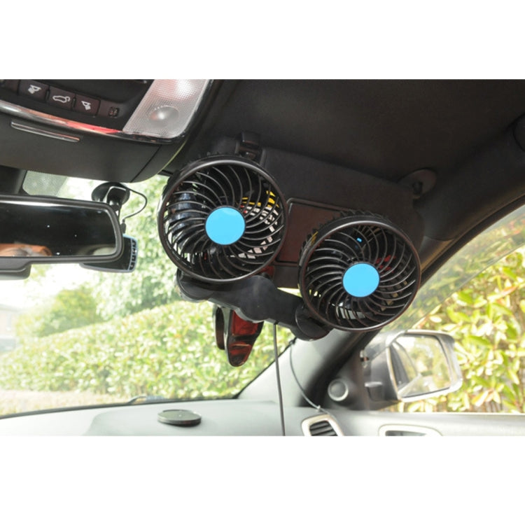 HUXIN HX-T605 7W Clip di rotazione regolabile a 360 gradi Mini ventilatore per auto elettrica a basso rumore a due teste con interruttore a marcia, DC12V, HX-T605