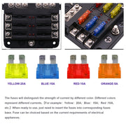 Kit portafusibili per scatola fusibili con lama per circuito a 6 vie, positivo e negativo indipendente, 1 in 6 uscite, con indicatore di avviso LED per auto, camion, barca, 1 in 6 Out