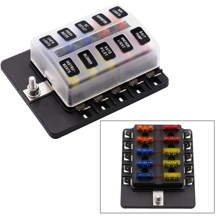 Kit portafusibili per morsettiera per PC con scatola fusibili 1 in 10 con indicatore di avviso LED per auto, camion, barca, 1 in 10 Out (PC Terminal Block)
