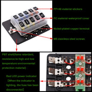 Kit portafusibili per morsettiera per PC con scatola fusibili 1 in 10 con indicatore di avviso LED per auto, camion, barca, 1 in 10 Out (PC Terminal Block)