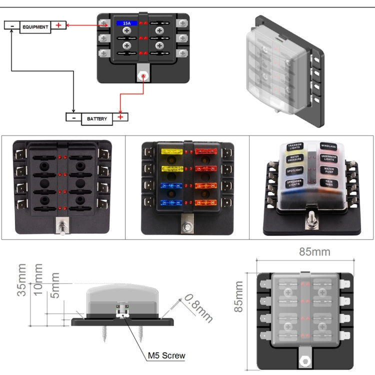 Kit portafusibili 1 in 8 uscite con LED per auto e barca