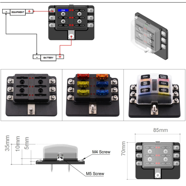 Kit portafusibili a 6 vie con terminali a vite e LED