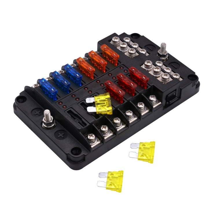 Kit portafusibili con scatola fusibili a lama per circuito a 12 vie, positivo e negativo indipendente, 1 in 12, con indicatore di avviso LED per auto, camion, barca, 1 in 12 Out