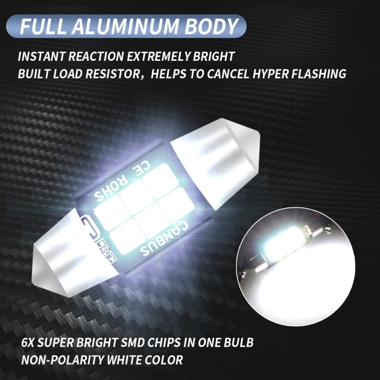 2 PZ 31mm DC12V-24V 3W 6000K 660LM 6LED SMD-3030 Lampada da lettura per auto/Luce targa, 31mm (3W)