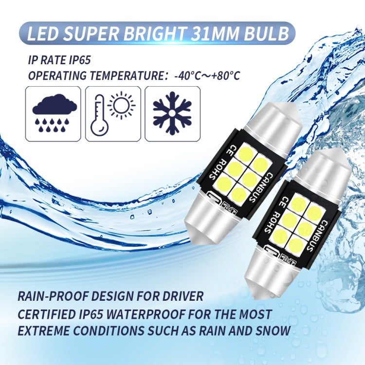 2 PZ 31mm DC12V-24V 3W 6000K 660LM 6LED SMD-3030 Lampada da lettura per auto/Luce targa, 31mm (3W)