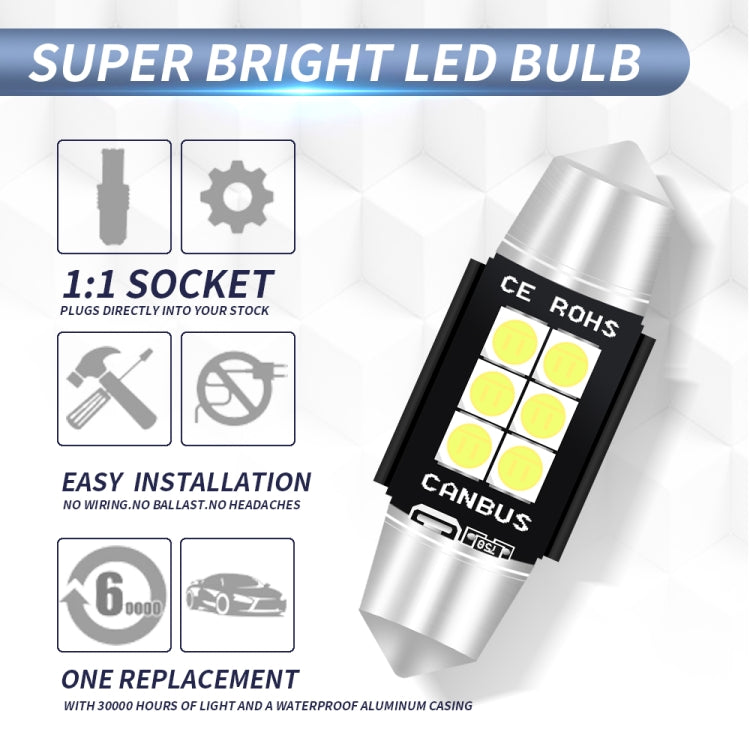 2 PZ 36mm DC12V-24V 3W 6000K 660LM 6LED SMD-3030 Lampada da lettura per auto / Luce targa, 36mm (3W)