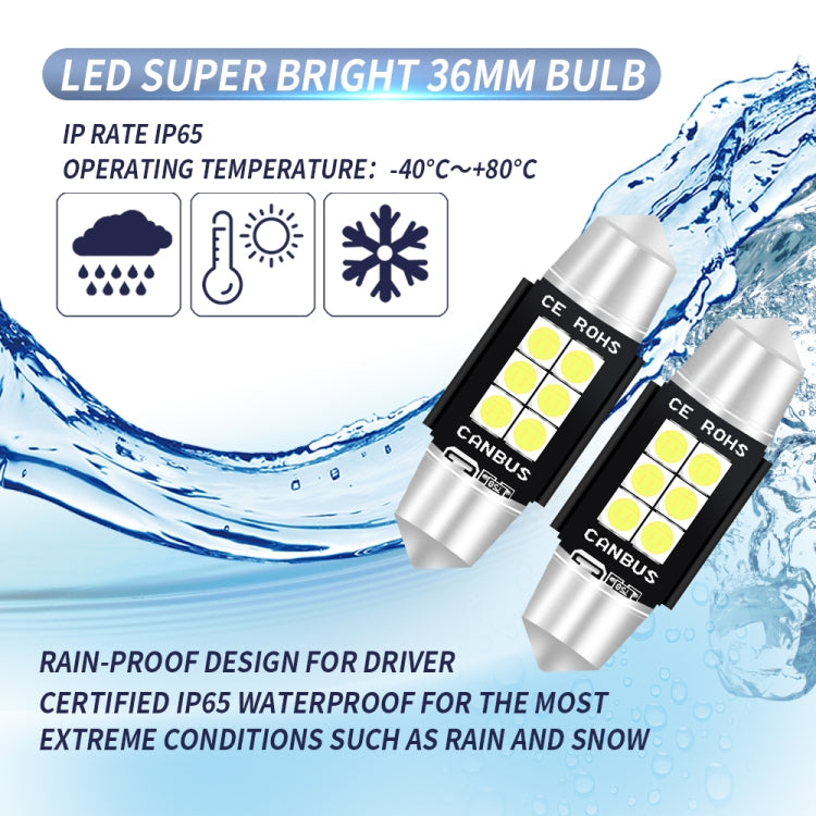 2 PZ 36mm DC12V-24V 3W 6000K 660LM 6LED SMD-3030 Lampada da lettura per auto / Luce targa, 36mm (3W)