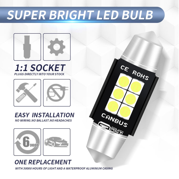 2 PZ 39mm DC12V-24V 3W 6000K 660LM 6LED SMD-3030 Lampada da lettura per auto/Luce targa, 39mm (3W)