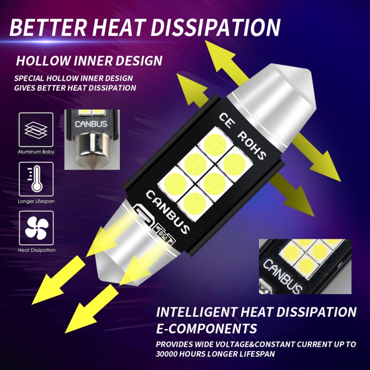 2 PZ 39mm DC12V-24V 3W 6000K 660LM 6LED SMD-3030 Lampada da lettura per auto/Luce targa, 39mm (3W)