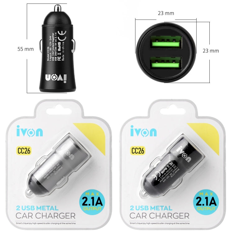 Mini caricabatteria da auto IVON CC26 5V 2.1A con doppia porta USB, CC26 Black, CC26 Grey