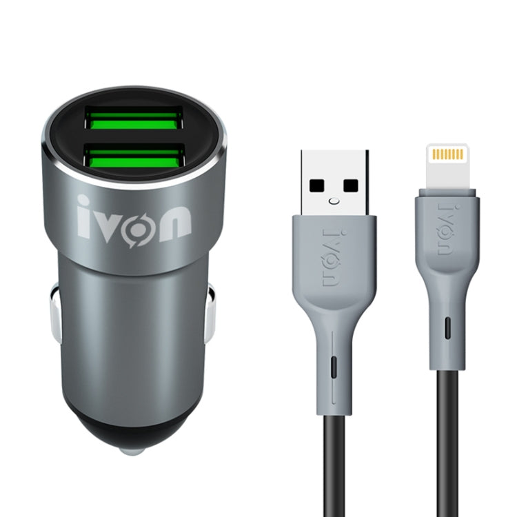 IVON CC38 Caricatore per auto doppio USB 2.4A + set di cavi dati per ricarica rapida da USB a 8 pin da 1 m, 8 Pin