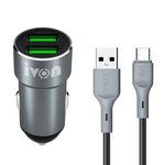 IVON CC38 Caricabatteria da auto doppio USB 2.4A + set di cavi dati da USB a USB-C/Type-C da 1 m, USB-C / Type-C