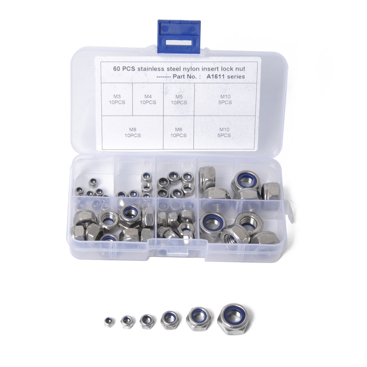 Kit dadi di bloccaggio con inserto in nylon da 60 pezzi per auto in acciaio inossidabile 304 M3-M10, 60 PCS