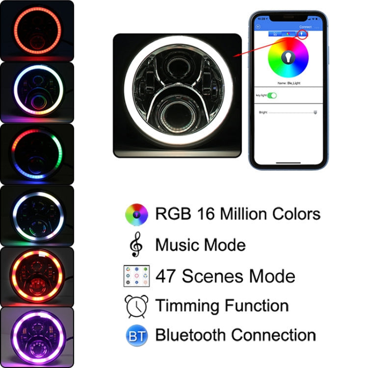 2 pezzi 7 pollici DC12V 6000K-6500K 50W faro LED per auto Cree perline lampada per Jeep Wrangler / Harley, supporto APP + controllo Bluetooth, DC12V 6000K-6500K