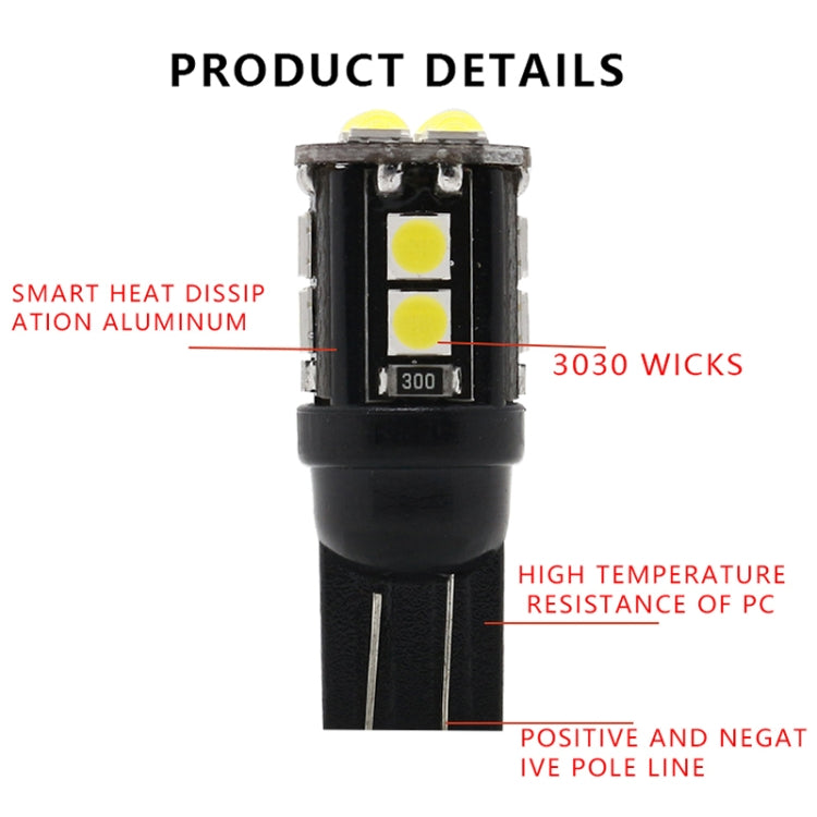 10 PZ T10/168/194 DC12V / 1W / 6000K / 60LM Luci di ingombro per decodifica auto con perline lampada SMD-3030 a 12 LED, T10/168