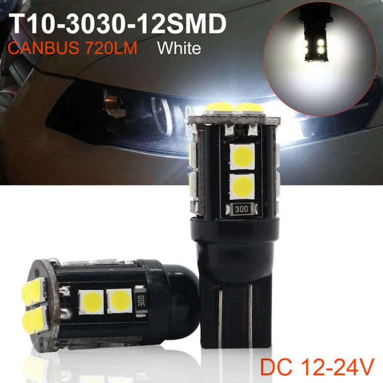 10 PZ T10/168/194 DC12V / 1W / 6000K / 60LM Luci di ingombro per decodifica auto con perline lampada SMD-3030 a 12 LED, T10/168