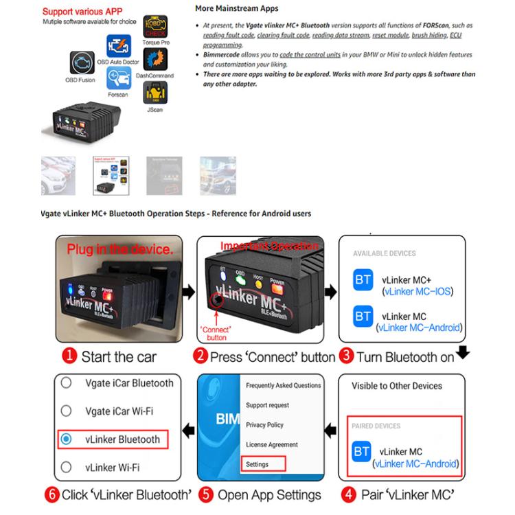 VLINKER MC+ V2.2 Bluetooth 4.0 Rilevatore diagnosi guasti OBD per auto, MC+ V2.2 Bluetooth 4.0
