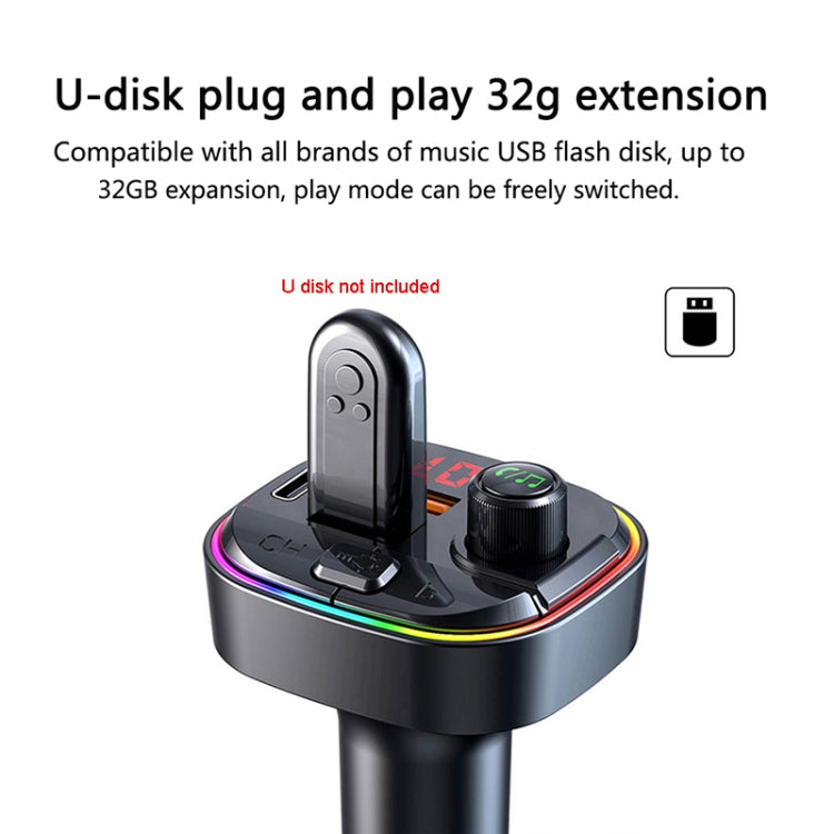 Trasmettitore FM Bluetooth con caricatore rapido doppio USB PD per auto multifunzionale C13 con luce atmosferica, C13
