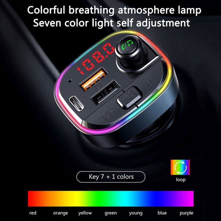 Trasmettitore FM Bluetooth con caricatore rapido doppio USB PD per auto multifunzionale C13 con luce atmosferica, C13