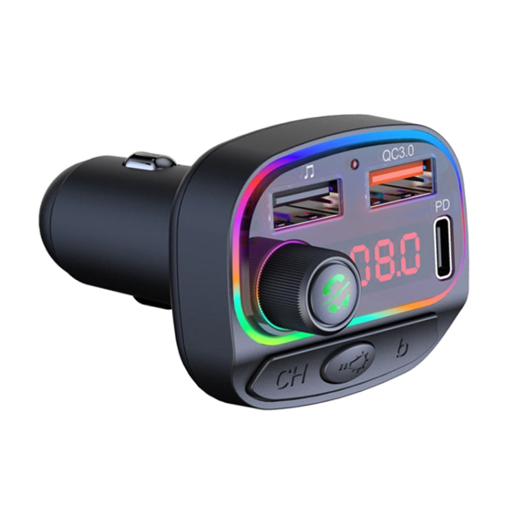 Trasmettitore FM Bluetooth con caricatore USB doppio QC3.0 + PD18W per auto multifunzionale C14 con luce atmosferica, C14