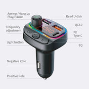 Trasmettitore FM Bluetooth con caricatore USB doppio QC3.0 + PD18W per auto multifunzionale C14 con luce atmosferica, C14