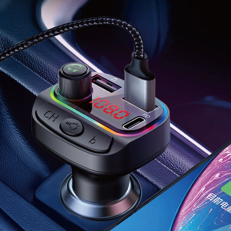 Trasmettitore FM Bluetooth con caricatore USB doppio QC3.0 + PD18W per auto multifunzionale C14 con luce atmosferica, C14